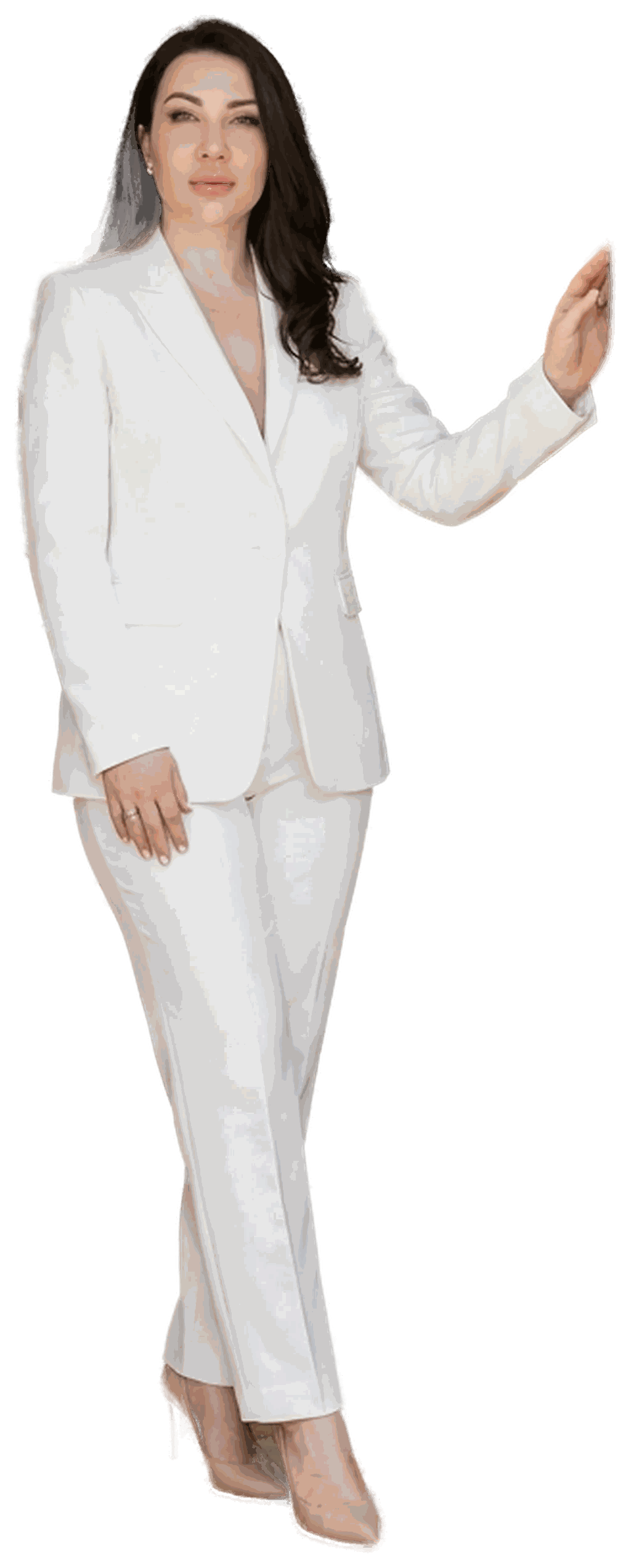 Alla Novytska standing in a cream suit, cut out from her background.