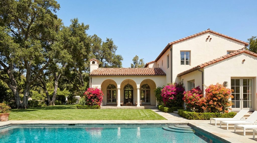 A Mediterranean Revival house in full sun, with an arcaded loggia, bougainvillea and clipped hedges.