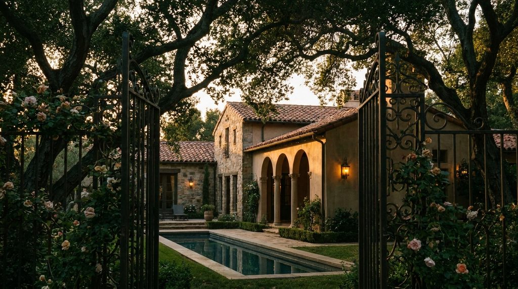 A Mediterranean Revival house at dusk behind a wrought iron gate, with oaks, roses and lantern light.